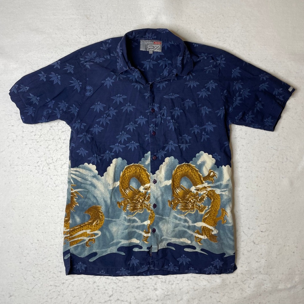 Point Zero Mens Medium Blue‎ Dragon Floral Short Sleeve Button Up Shirt Y2K Vtg